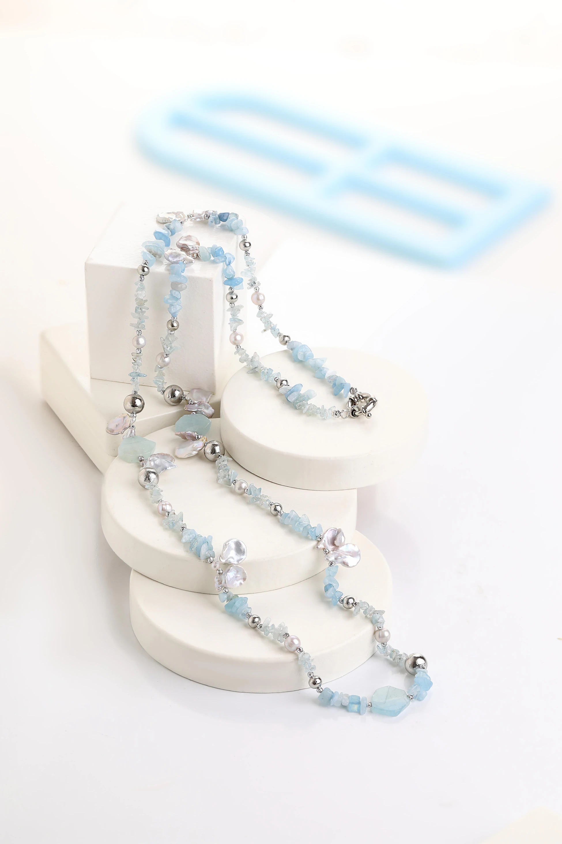 Akuamarin & İnci Kolye