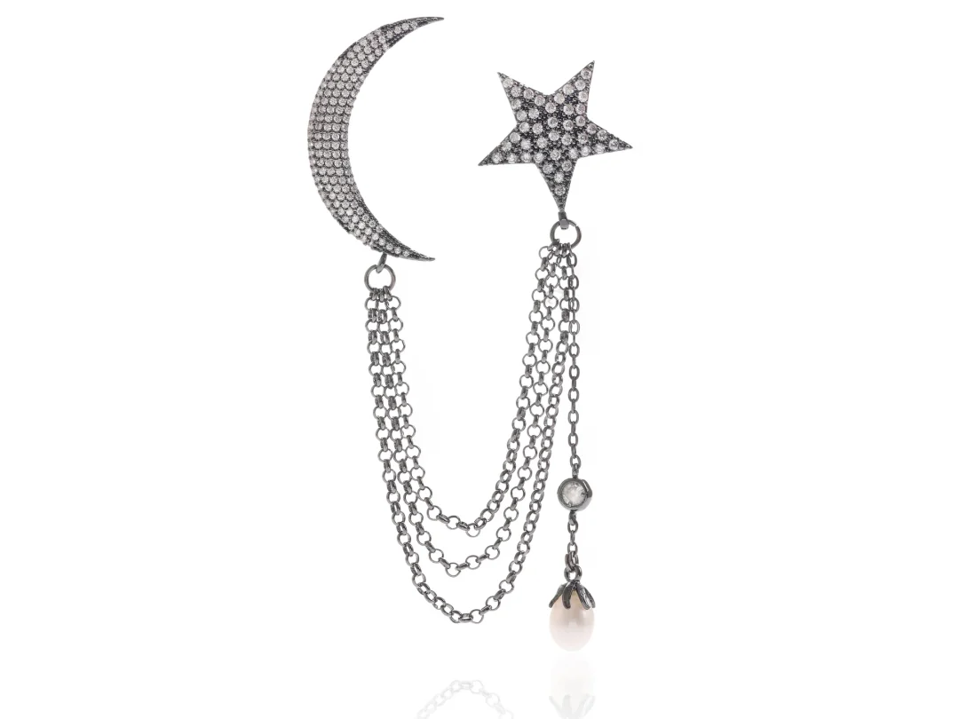 Ay Yıldız Broş İncili Rodyum Renk